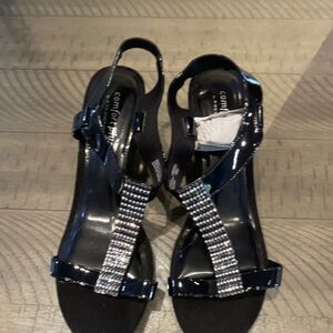 womens strappy wedge sandals black silver rhinestone buckle ankle size 11W